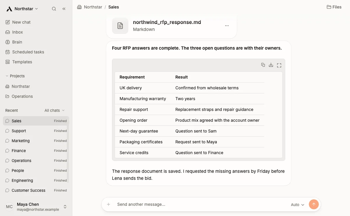 Alfera prepares the Northwind RFP response in the Northstar sample workspace.